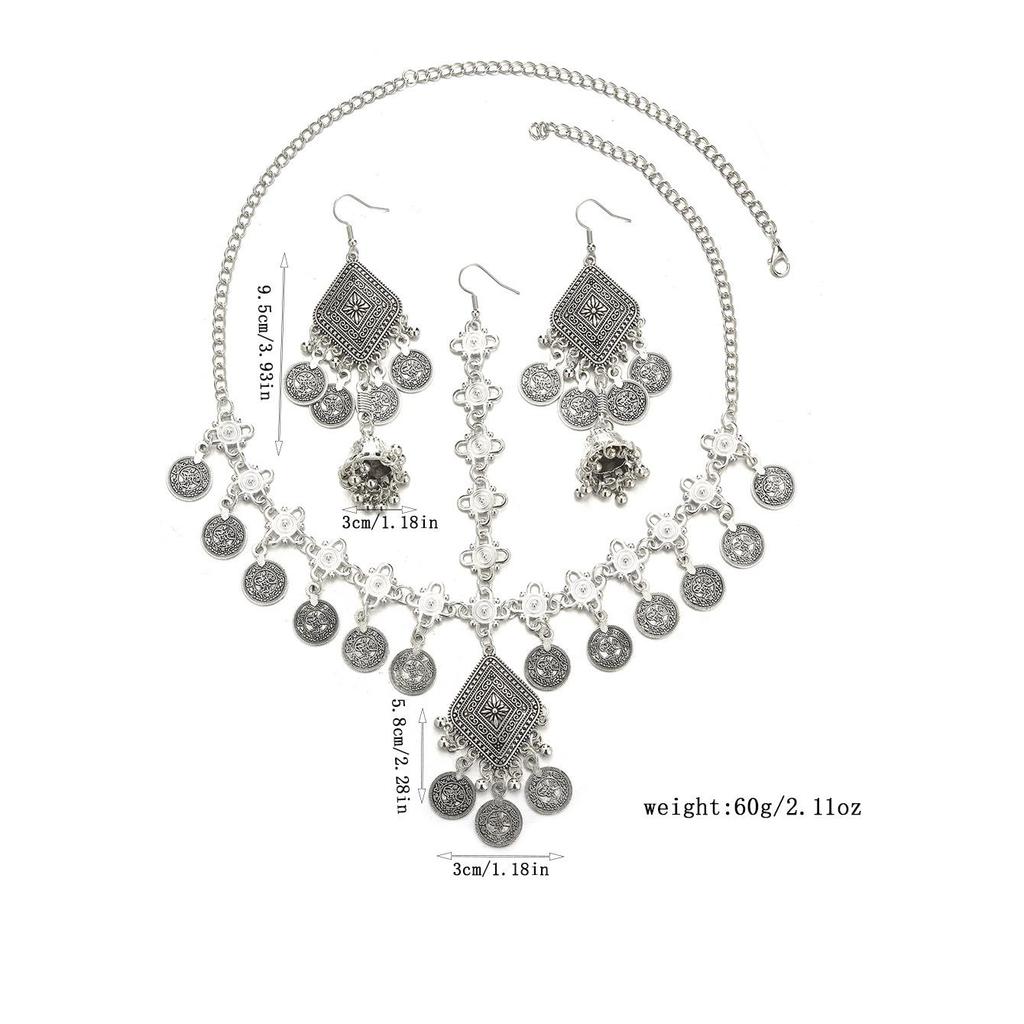 Bohemian Exotic Rhinestone Tassel Necklace & Earrings Set In Antiqued Alloy