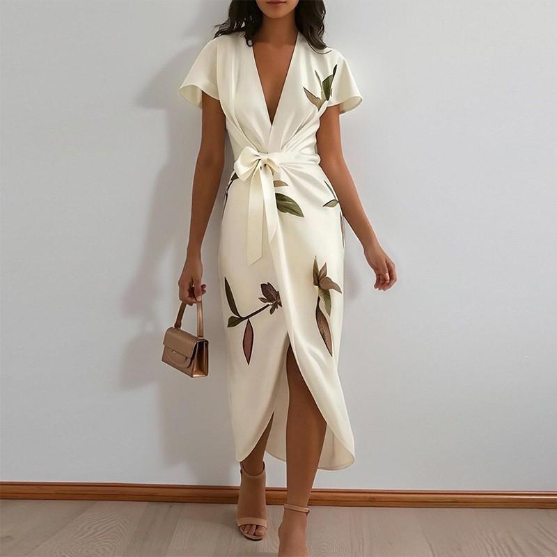2026 Women s Wear Elegant Temperament Print Strap Split Dress S белый