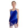 Mädchen Latin Dance Kostüm Ärmellos Neckholder V-Ausschnitt Rückenfrei Glänzend Strasssteine Quasten Leotard