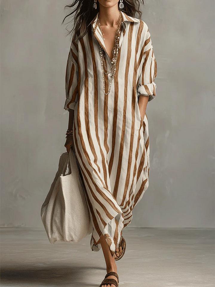 2026 Striped Cotton Lapel Dress - Spring/Summer Collection XL хаки