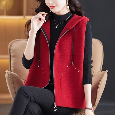 Gilet pull à capuche décontracté coréen pour femme - Sans manches, Coupe ample, Cardigan tricoté zippé pour Automne/Hiver 2025