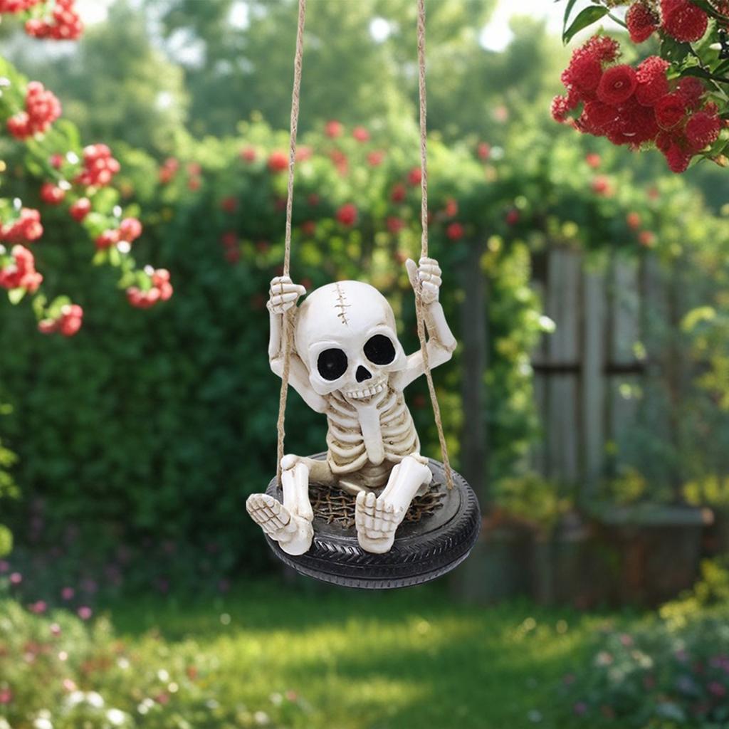 Halloween Resin Skeleton Swing Ornament - Animated Skeleton With Figure, Hanging Decor For Tree Wall Garden - Spooky Fun Festival Decor Prop