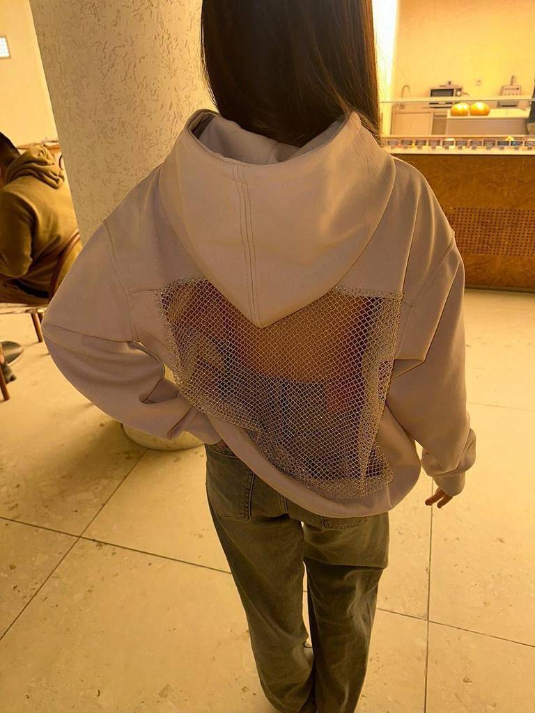 2025 Herbst/Winter Damen Kapuzenpullover mit Netz und Rückenausschnitt, einfarbig