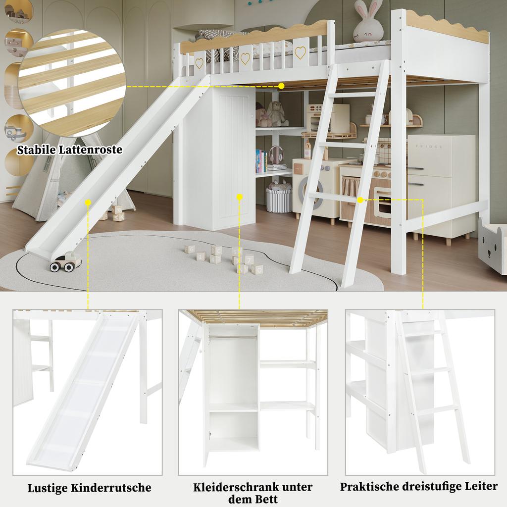 Loft Bed, With Children's Slide, Wardrobe and Storage Cabinet Under the Bed, Four-Sided Fence Pine + MDF + Plywood, White+Natural, 90x200cm