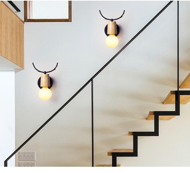 Vintage Deer Antler Wood & Iron LED Wall Lamp for Modern Interiors
