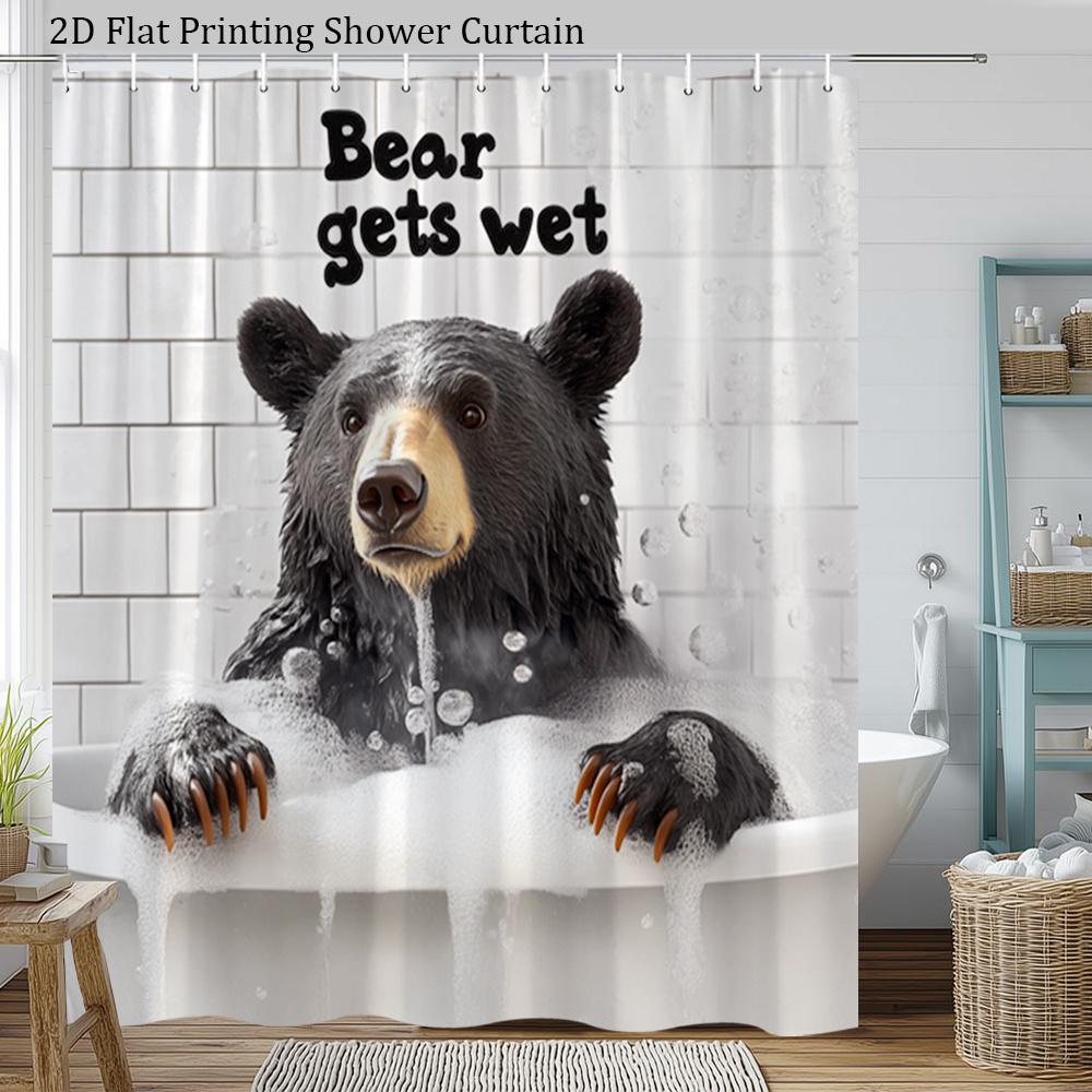 Bear Gets Wet Shower Curtain 1Pc – Realistic Black Bear In Bathtub With Bubbles, Funny Wildlife Bath Curtain For Men And Home
