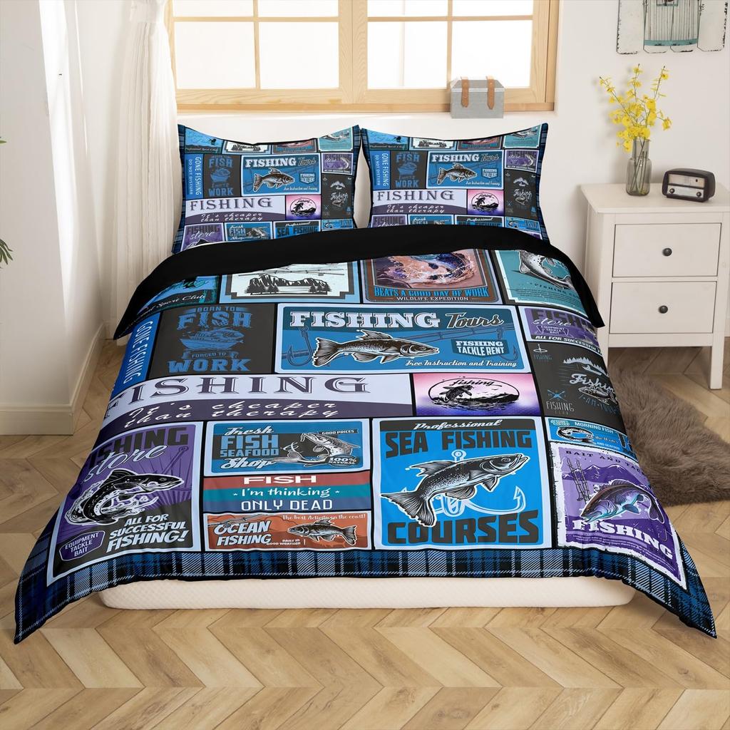 Set Biancheria da Letto Decorativo a Tema Pesca e Caccia per Bambini, Dimensioni Matrimoniale, Copripiumino per Ragazzi, Decorazione Camera da Letto Adolescenti, Set da 3 Pezzi, Senza Piumone