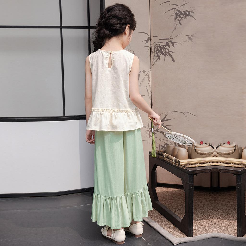 Girls' Summer Outfit Set - Thin Design Vest Top & Wide Leg Pants Skirt
