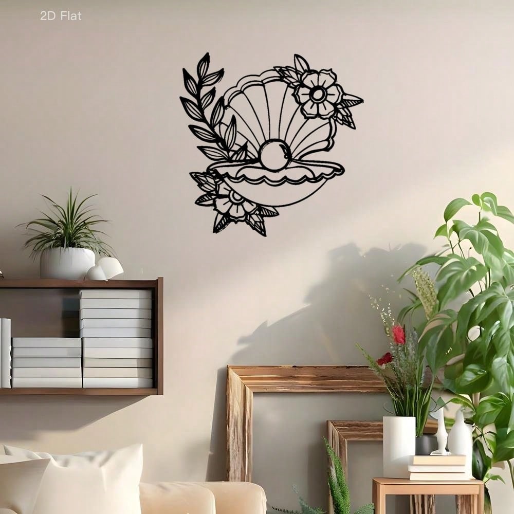 Metall-Wandkunst Florale Muschel Laserschnitt Eisen Schwarze Perle Akzent Rustikales Botanisches Dekor Wohnzimmer Schlafzimmer Elegantes Zuhause Geschenk