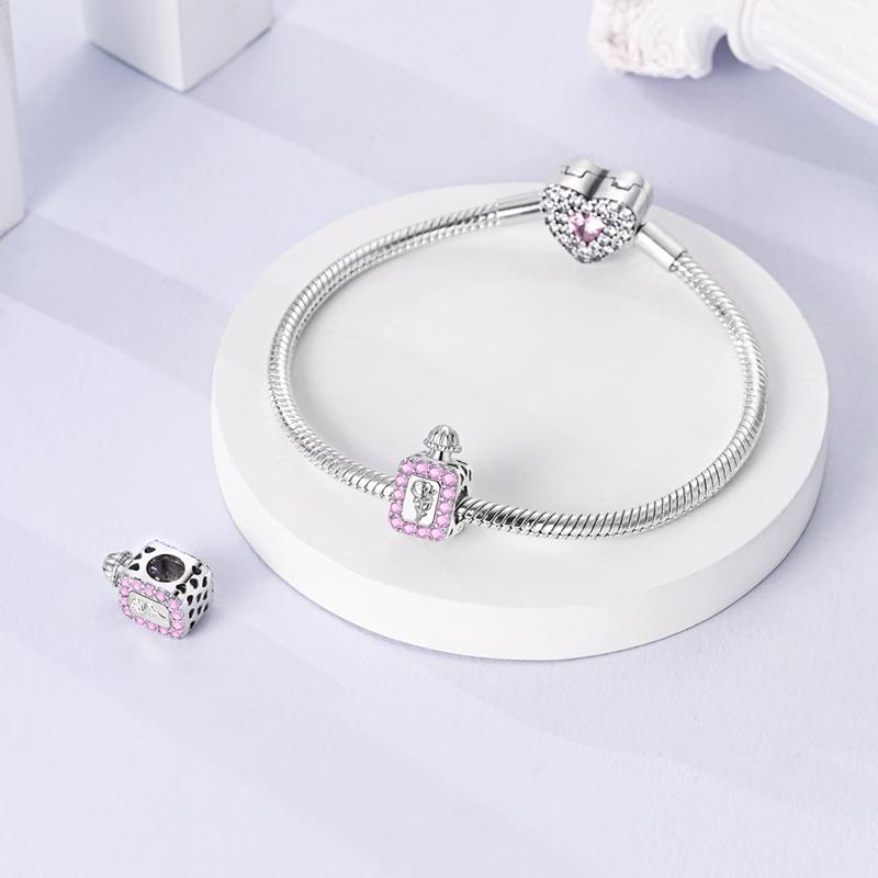 Charms Plata Pink Zircon Rose Perfume Bottle Beads Fit Original Bracelets Charms For Women Jewelry Diy Making Gifts