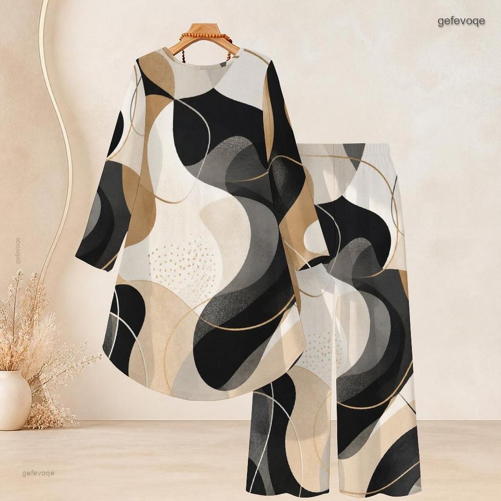 Women Plus Size Two Piece Set Round Neck Long Sleeve Printed High Low Top Wide Leg Pants