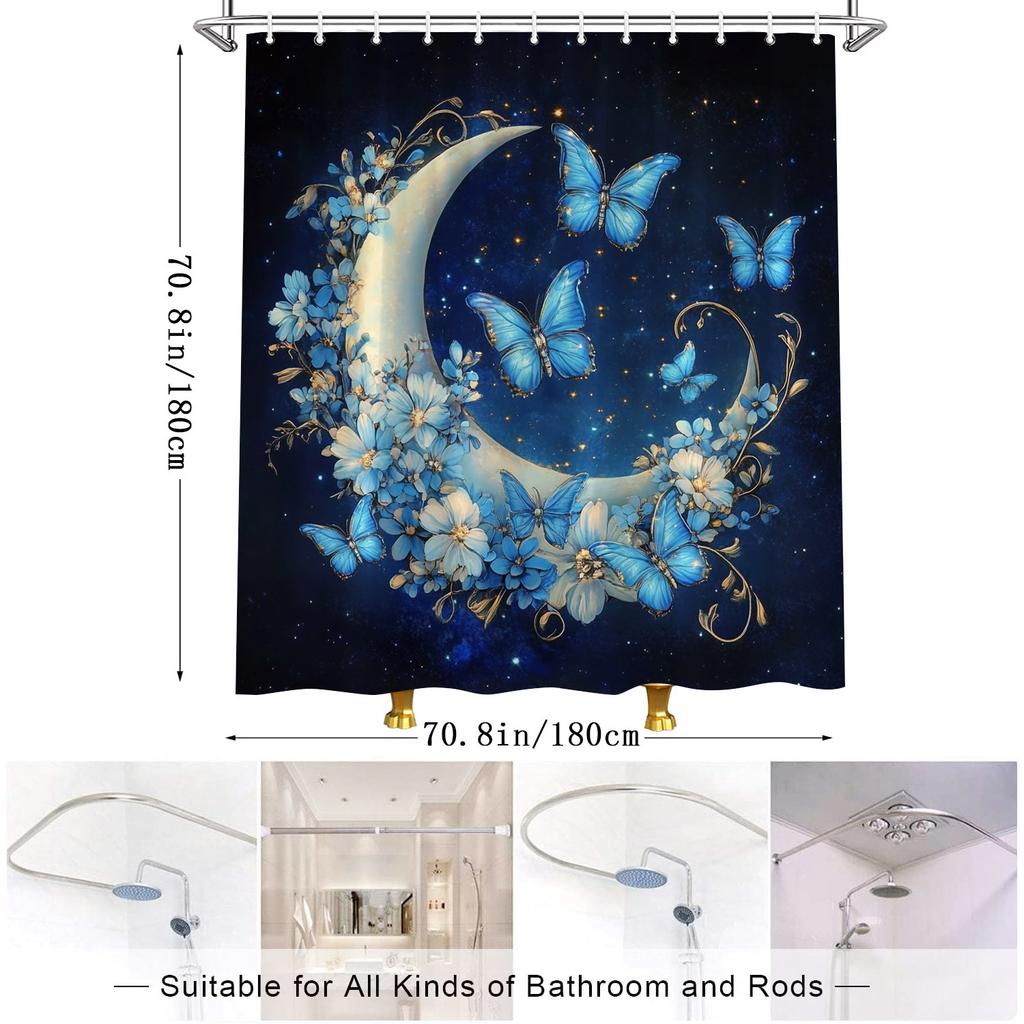 1pc Enchanted Forest Shower Curtain - Crescent Moon with Golden Vines & Blue Butterflies Design, Whimsical Magical Polyester Bat