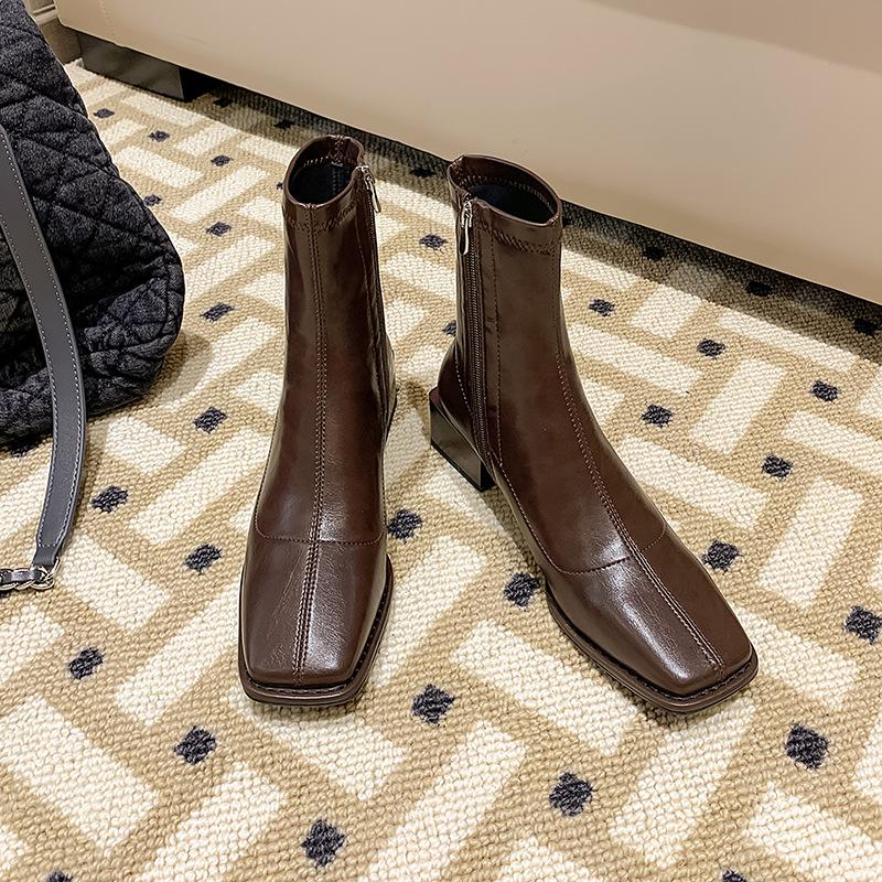 

Женские полусапожки квадратный носок средний каблук эластичные 2025 зима толстый каблук короткое голенище интернет-знаменитость тонкие сапоги коричневые весна и осень одинарные 40