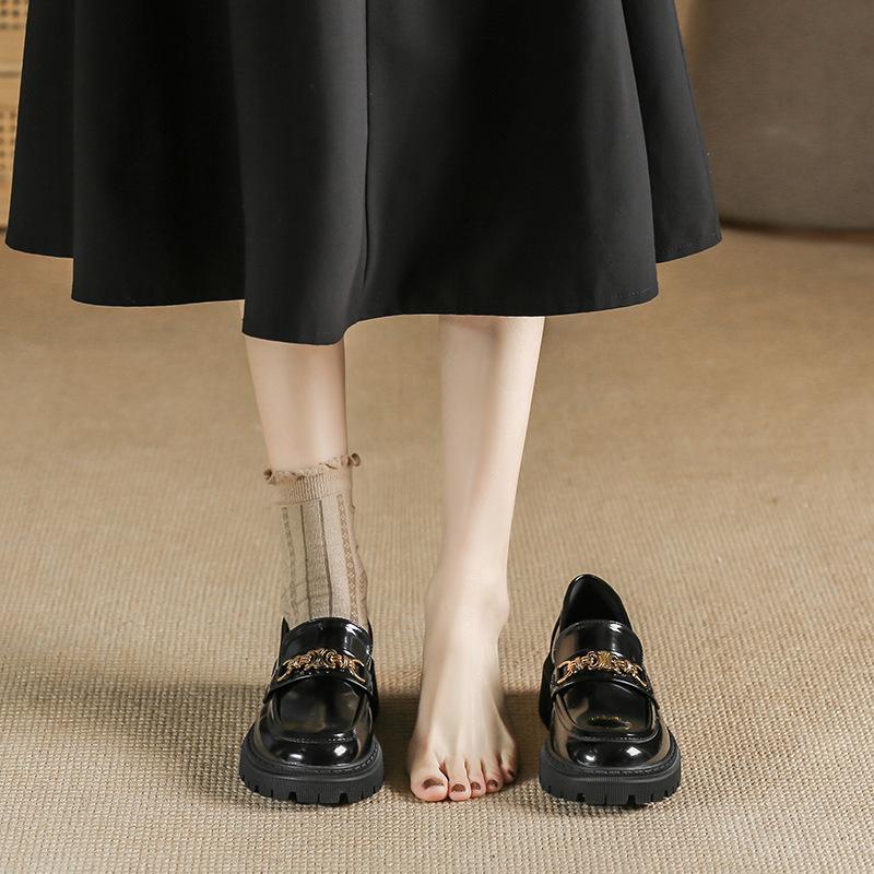 Wiosenny Styl Brytyjskie Mokasyny na Grubym Obcasie i Grubej Podeszwie, Damskie Małe Skórzane Buty