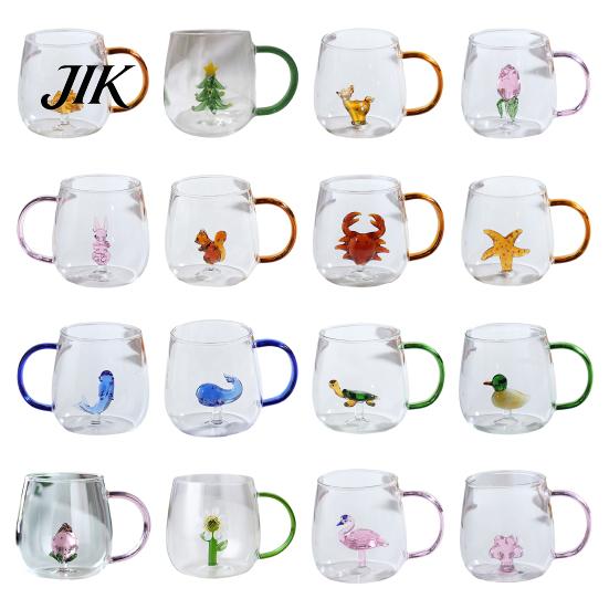 Coffee Milk Drink Cup Handmade Glass Animal Plant Shape Transparent Water Cute with Colorful Handle Creative Tea Mug