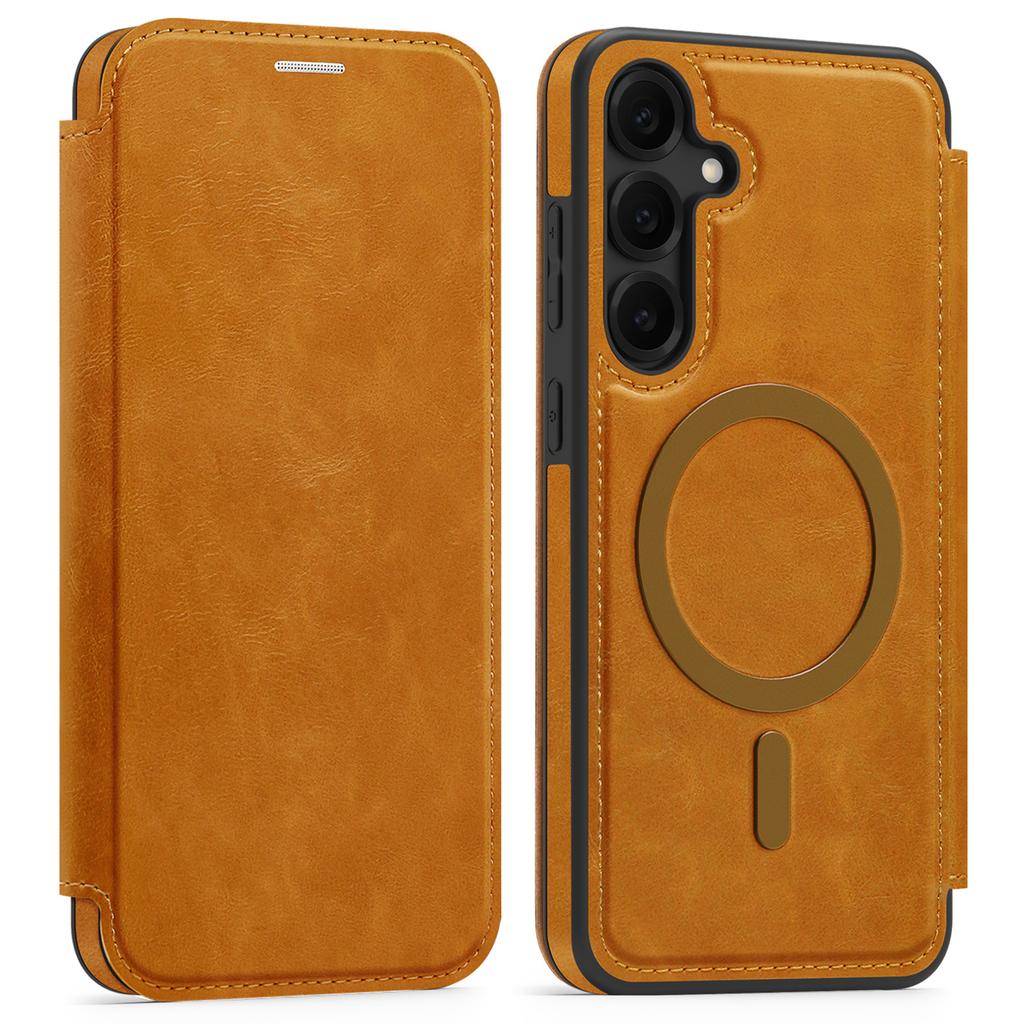 For Samsung Galaxy S25+ Case Compatible with MagSafe RFID Blocking Card Holder Leather Phone Cover