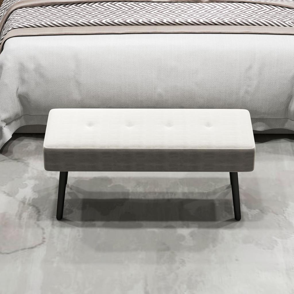 End of Bed Bench, Corduroy Bedroom Bench with Thick Padding and Steel Legs, Tufted Window Seat for Entryway, Living Room, Cream White