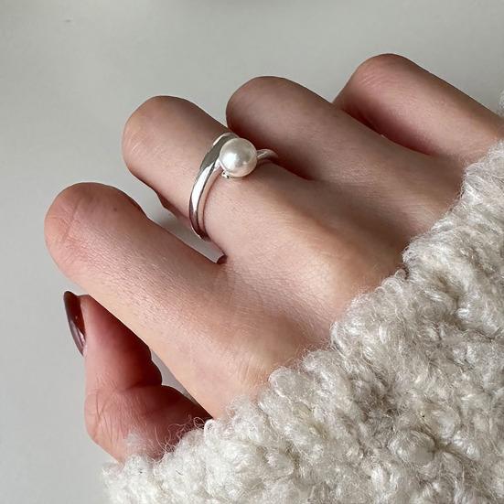 Finger Ring Natural Imitation Pearls Opening Adjustable Finger Band Silver Plated Women Ring Commuting Dating Jewelry Gift