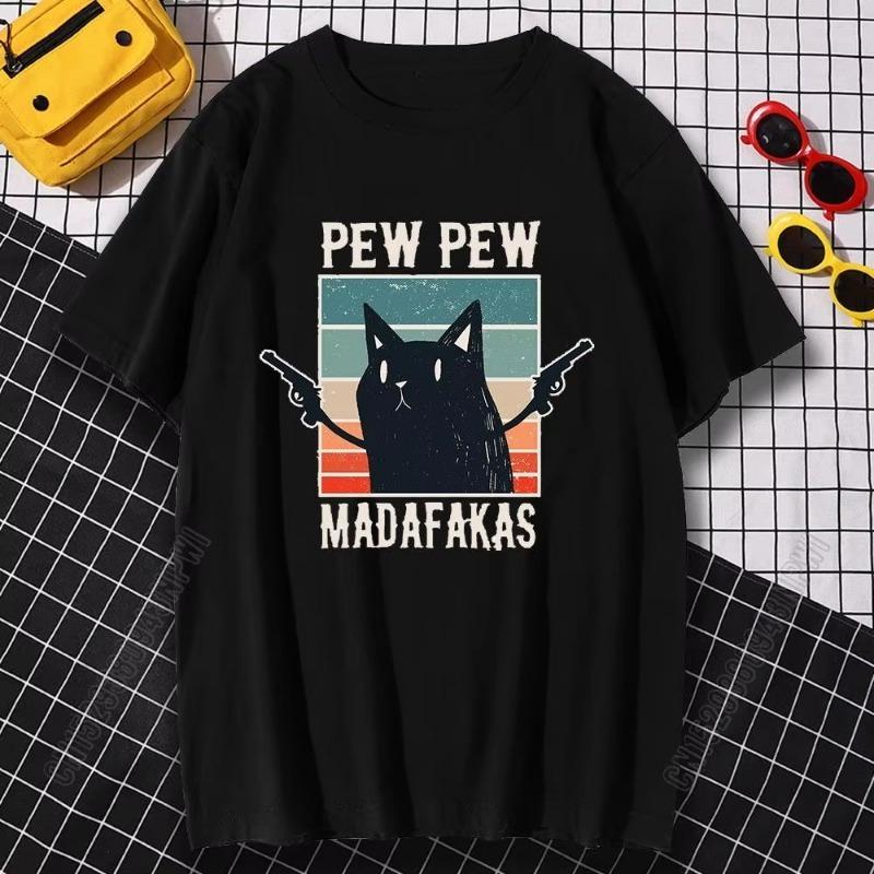Funny Print Pew Pew Madafakas Black Catcartoon Tshirt Hipster Casual Unisex Cotton Clothes Loose Tshirt Harajuku Crewneck Unisex Tops