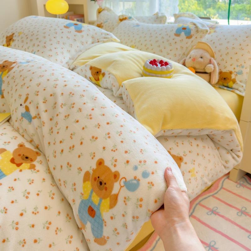 Thickened Milk Fleece Four-Piece Set Double-Sided Fleece Quilt Cover Coral Flannel Bed Sheet Quilt Cover Three-Piece Set Of Bed Hat