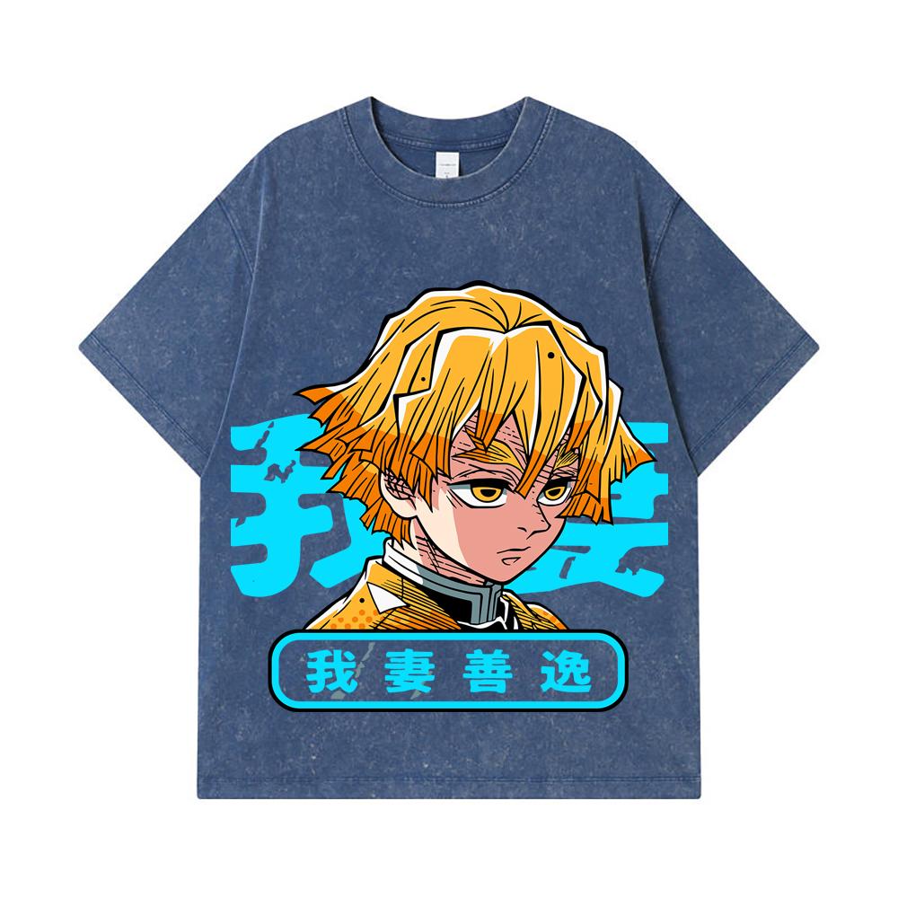 275 GSM Washed T-shirts 100% Cotton Demon Slayer V100 Zenitsu Print Unisex Heavy Cotton T Shirt