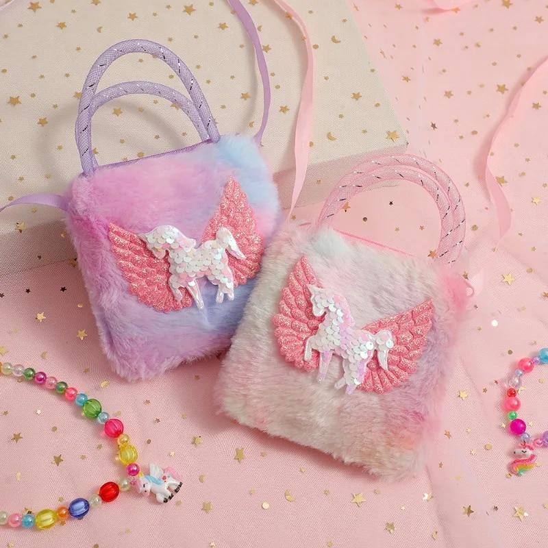 Jednorožec kreslená plyšová taška přes rameno pro děti Crossbody taška pro děvčata do školky Přenosná venkovní malá čtvercová taška na mince Peněženka