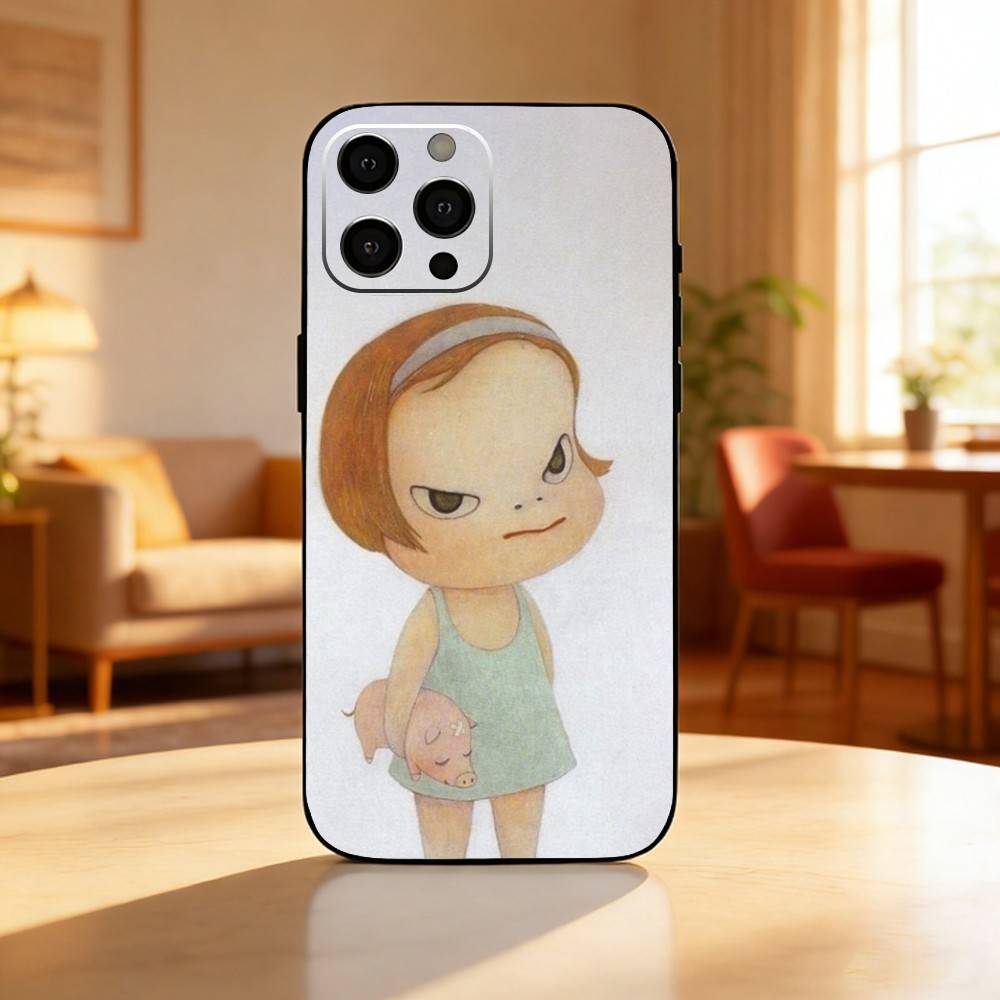 Cute Y-Yoshitomo Nara Phone Case For iPhone17,16,15,14,13,12 Plus,Max Soft Silicone Black Cover iPhone13PRO