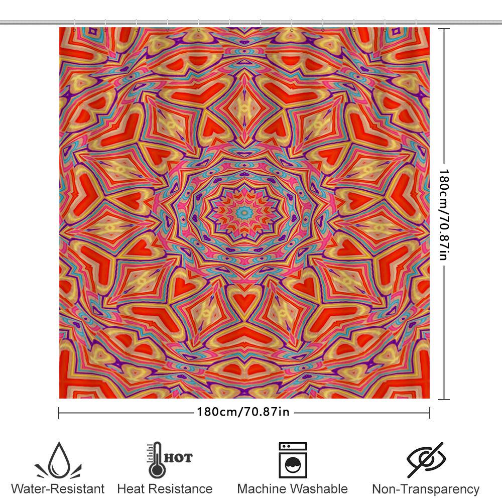 Vibrant Mandala Shower Curtain Bathroom Decor With Heart Patterns In Orange And Blue Colors, Polyester Waterproof Fabric For Hom