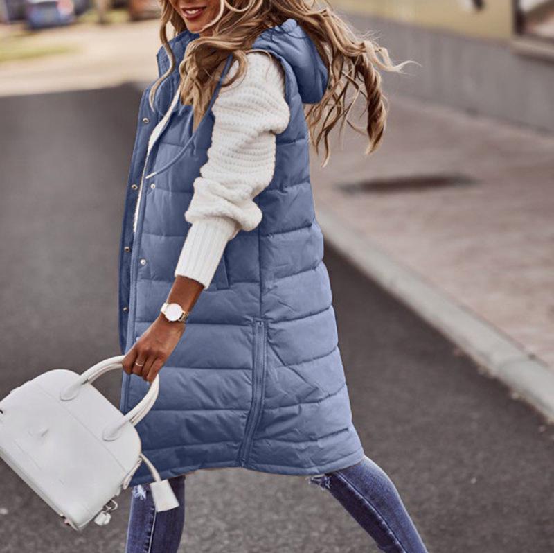 New European & American Fashion: Women's Solid Color Hooded Slim-Fit Sleeveless Mid-Length Cotton Vest