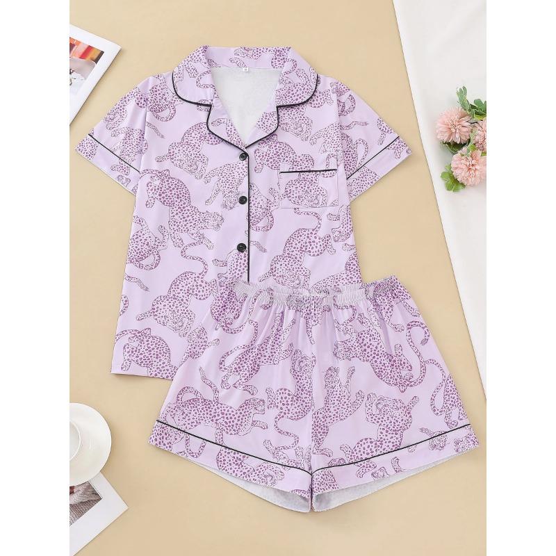 Casual Pink Leopard Print Pajama Set for Women Lapel Short-sleeved Top and Baggy Shorts Loungewear for Women