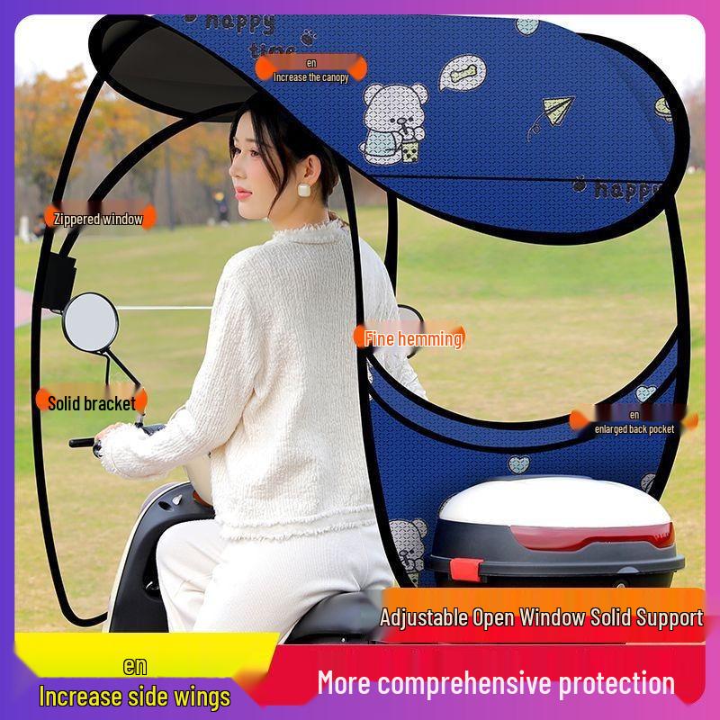 Detachable Electric Car & Motorcycle Umbrella: Rainproof & Windproof Sunshade Canopy with Quick Release, Cartoon Design
