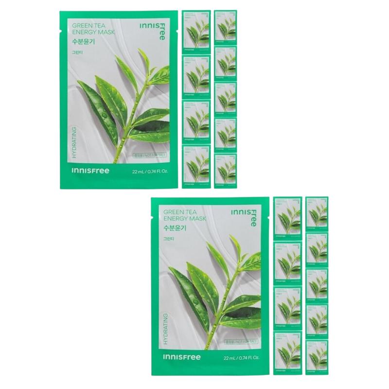 Innisfree Mascarilla Energizante de Té Verde 22ml x 10 Unidades | Mascarilla Facial de Hoja Hidratante y Calmante con Extracto de Té Verde de Jeju | Cuidado de la Piel Coreano