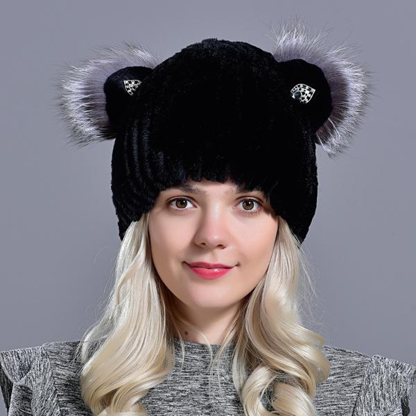 

Черная меховая шапка вязаная зимняя женская для девочек из натурального кролика рекс теплая шапка с ушками лиса бриллиант стильная модная женская меховая шапка One Size чёрный