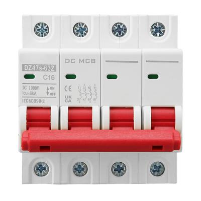 DC Miniature Circuit Breaker 4P Solar PV System 16A DIN Rail Mount 6000A Segmented Capacity DC1000V DZ47s 63Z C16