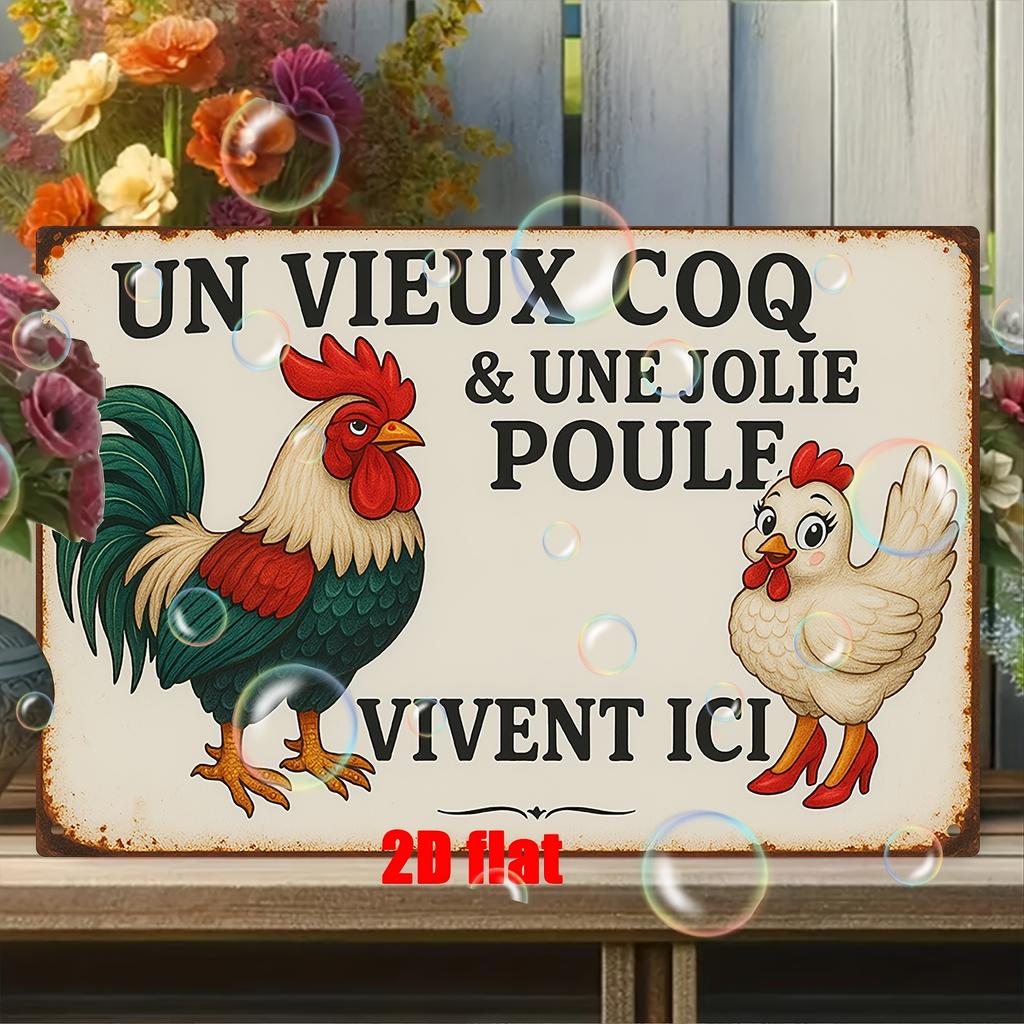 [French Rooster Metal Sign] French Rooster & Hen Theme 1pc Metal Wall Sign | 2D Iron Art Mural, Suitable for Home Courtyard