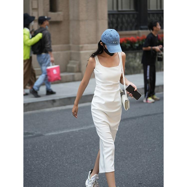 Elegant Dress for Women French White Sleeveless Square Neck Bodycon Dress with Pleats