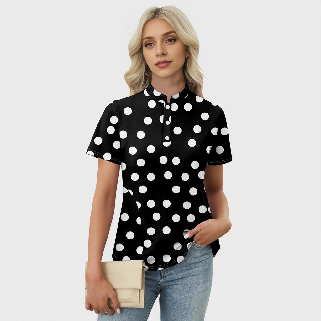 Women's Casual Floral Print V-Neck Short Sleeve Decorative Button T-Shirt Top