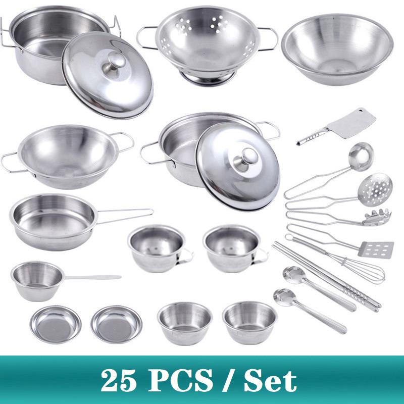 25Pcs Children Stainless Steel Pretend Play Food Kitchen Cookware Set Toy Mini Cooking Game Pot Shovel Tinplate Kid Kitchen Toy