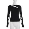 Summer New Style Hollow Design Long-sleeved T-shirt Simple Black Irregular Top for Women