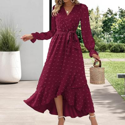 Long Sleeve Maxi Dress for Women V Neck Dot Design Boho Wrap Dress Casual Flowy Slit Wedding Guest Dress for Cocktail Party