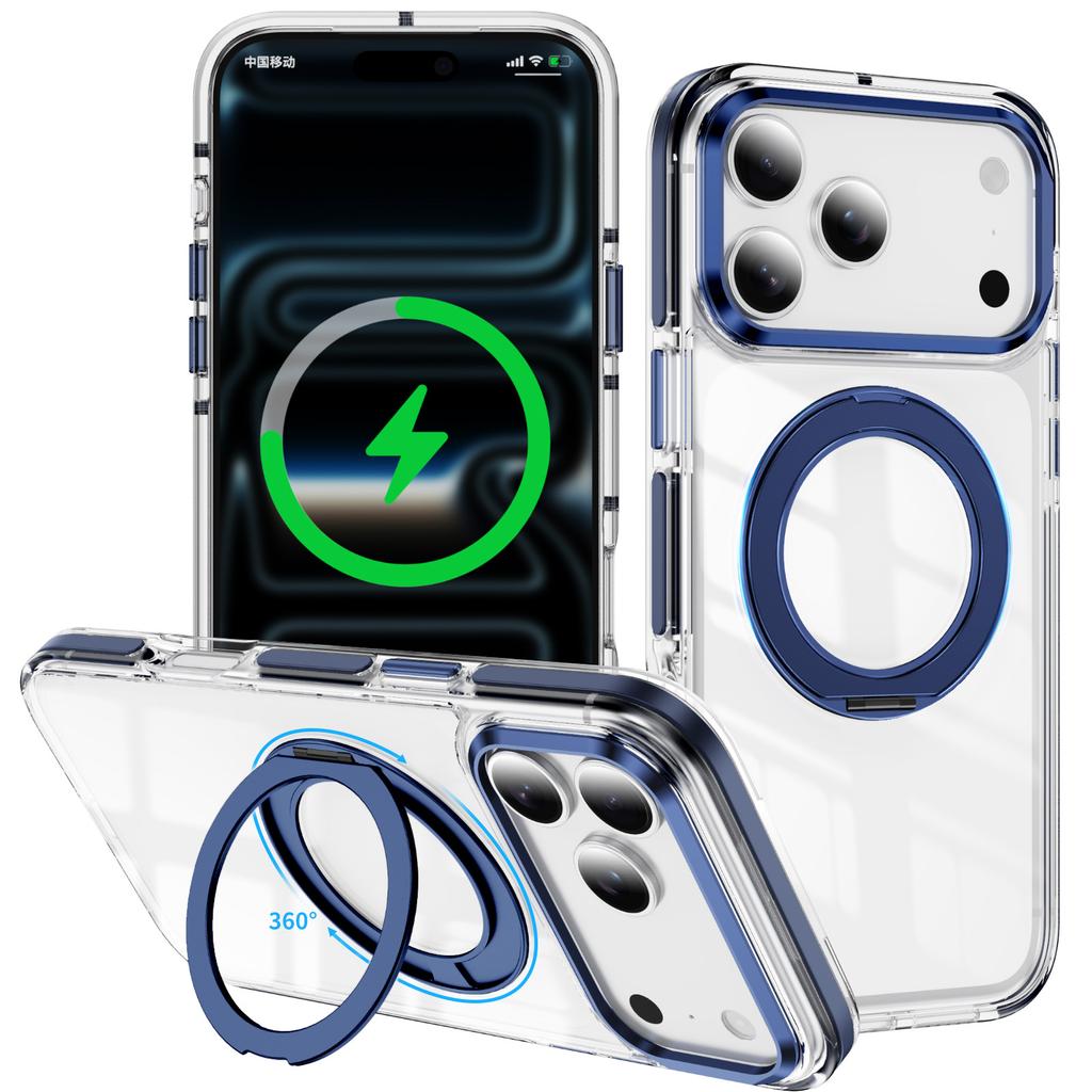 For iPhone 17 Pro Case Compatible with MagSafe Rotating Kickstand Shockproof TPU PC Acrylic Clear Phone Back Cover