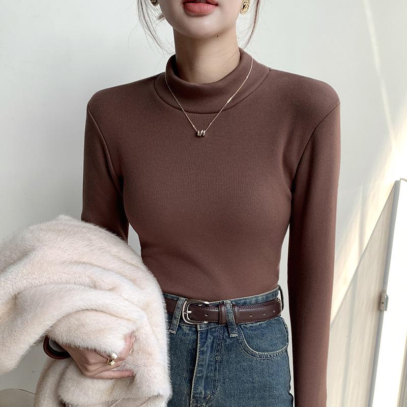 Women's Modal Velvet Half-High Collar Long-Sleeved Slim Warm Bottoming Shirt for Autumn and Winter