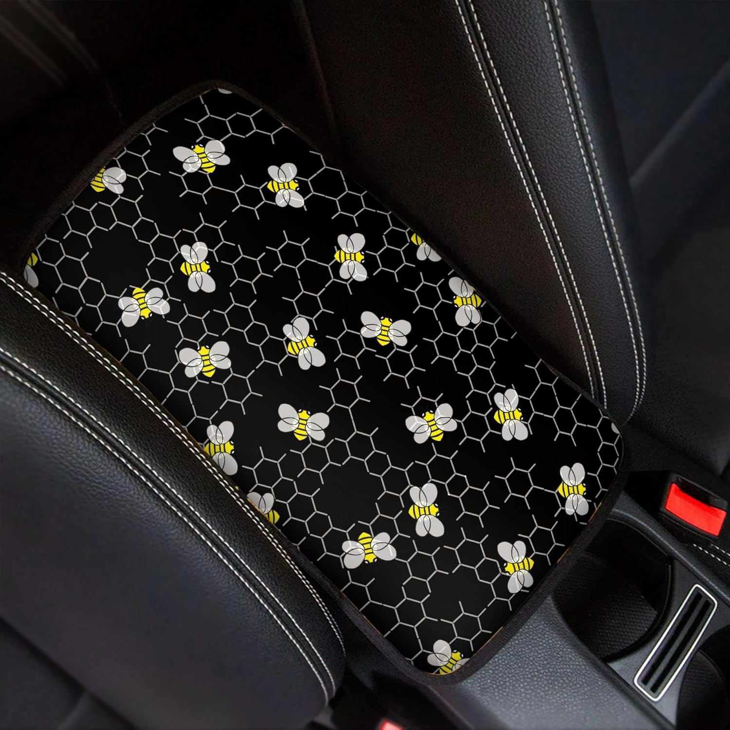 Blue Sea Turtle Floral Print Car Center Console Cover,Auto Armrest Box Pad,Soft Auto Armrest Seat Box Cover Universal for Most Cars Cute Honeybee