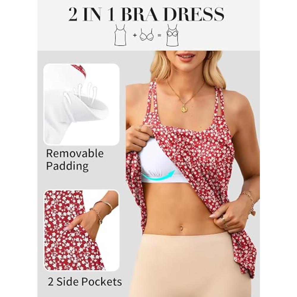 CHARMLEAKS Womens Summer Dresses with Built in Bra Double Spaghetti Strap Beach Dress Scoop Neck Sundresses with Pockets