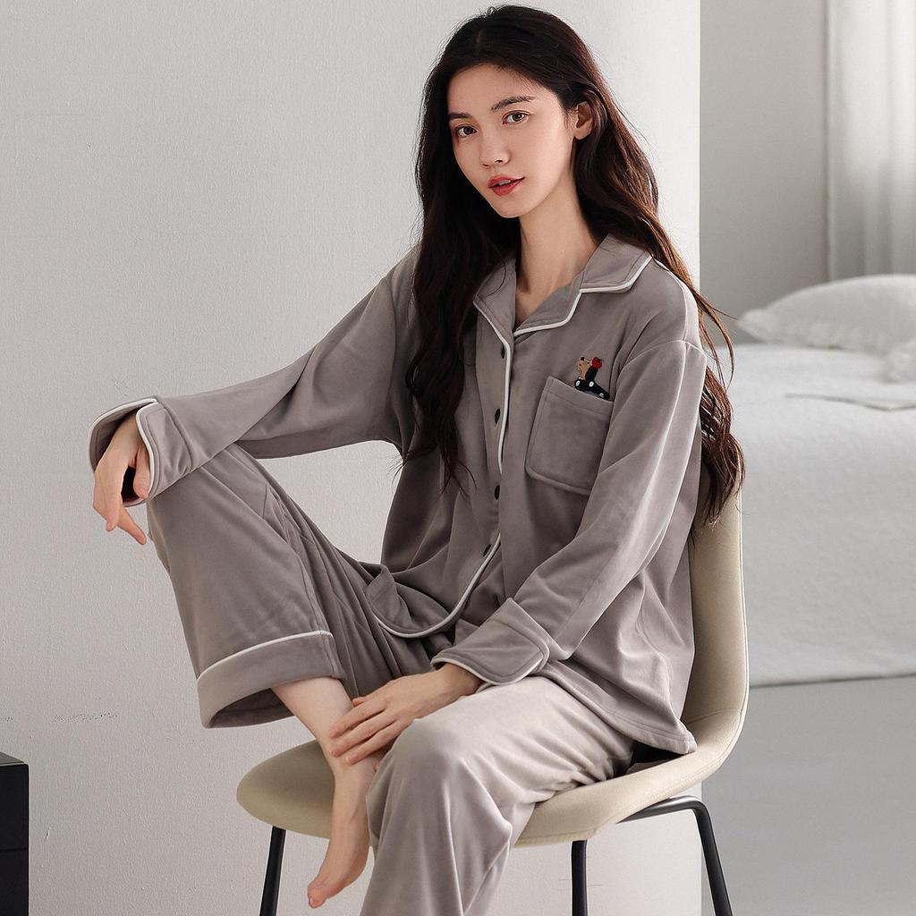 Sea Island Velvet Women's Winter Pajamas - Long Sleeve, Long Pants, Thick Coral Fleece Cardigan Homewear Set