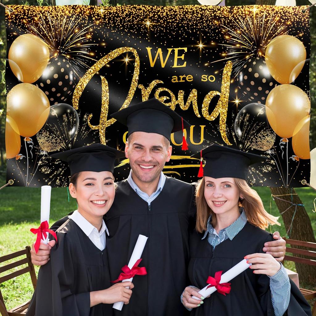 We Are So Proud of You Banner - Congratulations Banner - Congratulations Decorations - Congrats Decorations for Prom - 5ft X 3ft (Black & Gold)
