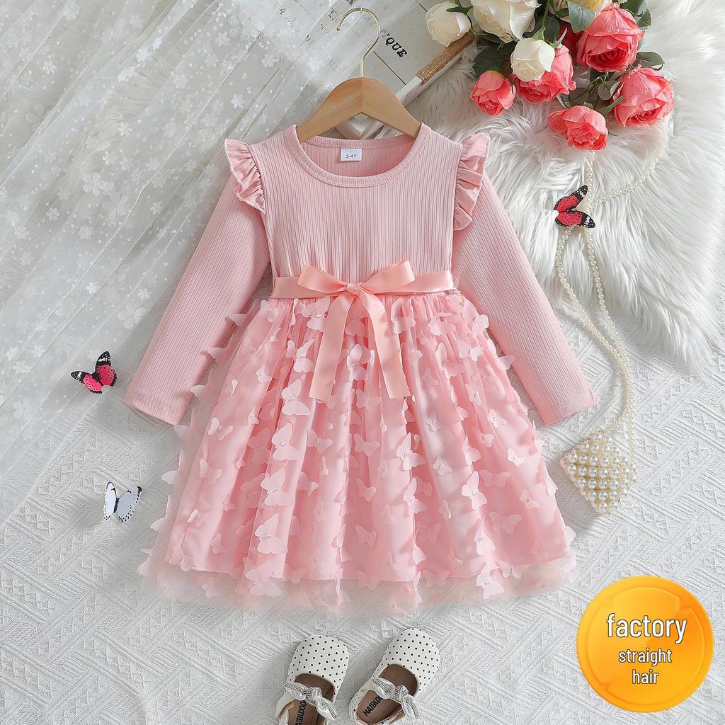Autumn/Winter 2025 3D Butterfly Mesh Belted Long-Sleeve Dress for Girls