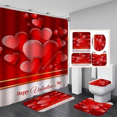 Valentinstag Badezimmer Baden Wasserdichter Duschvorhang Hauseingang Fußmatte Badewanne 4-teiliges Set Toilettensitzbezug Teppiche Bad Rutschfeste Bodenmatte Love