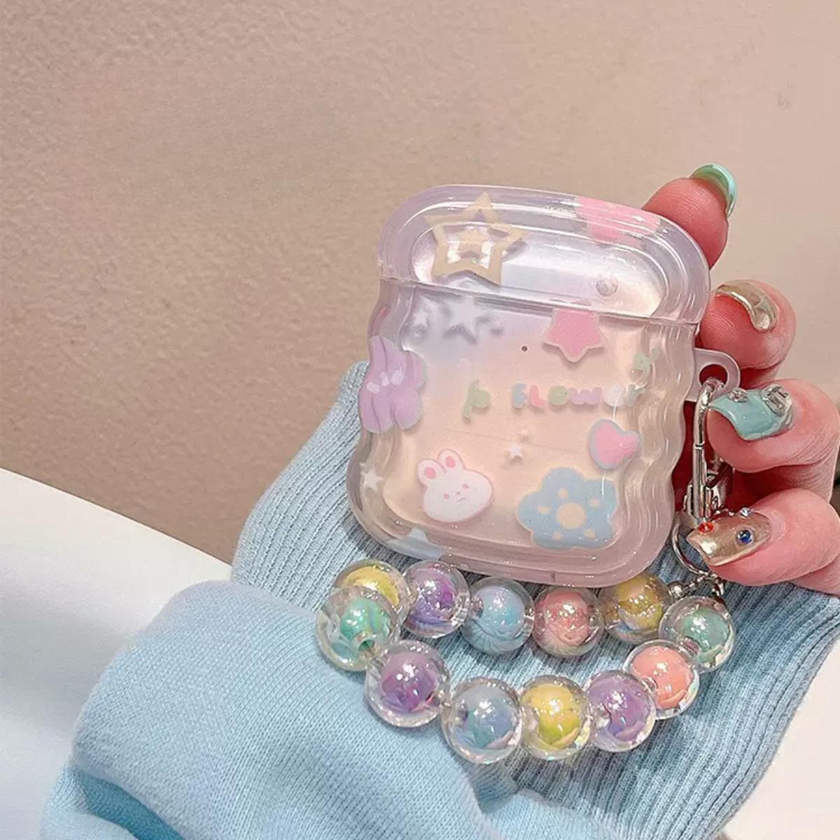 

Роскошный корейский градиентный чехол для наушников со звездами для AirPods 1 2 3, милый чехол с цветной цепочкой из бусин и кролика для AirPods Pro 2 for Airpods Pro2