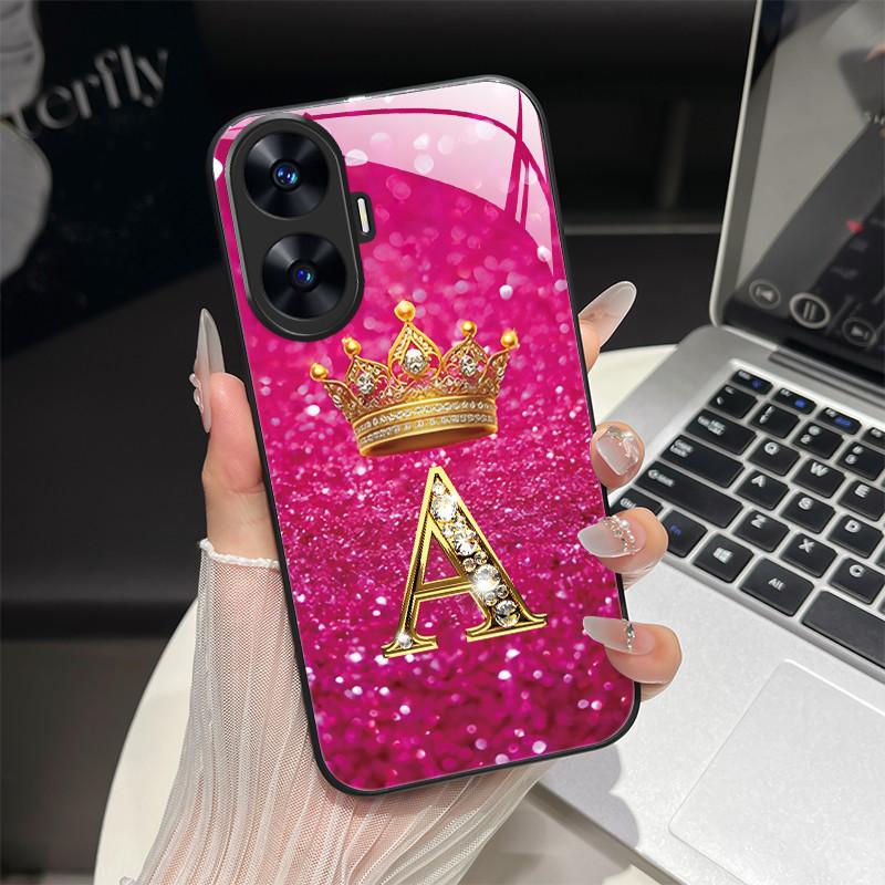 For Realme C55 4G Case Fashion Letters Hard Tempered Glass Back Covers For Realme Narzo N55 NarzoN55 C55 RMX3710 Phone Shell